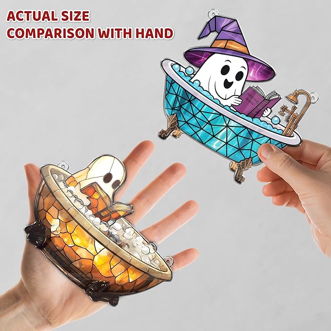 2 Boo Bathtub Acrylic Suncatchers, Gothic Cute Ghost Reading Book Window Hanging Ornaments, Halloween Horror Home Decor Witch Handmade Wall Art, Gift for Women Mom Friends Family