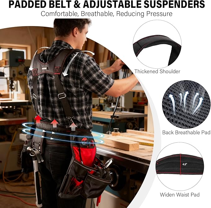 HAUTMEC Professional Tool Belt with Suspenders, 19 Pockets, Heavy-Duty 1680D Work Belt with Adjustable Padded Waist & Shoulder Support, Phone Pouch, Hammer & Tape Holder – HT0400