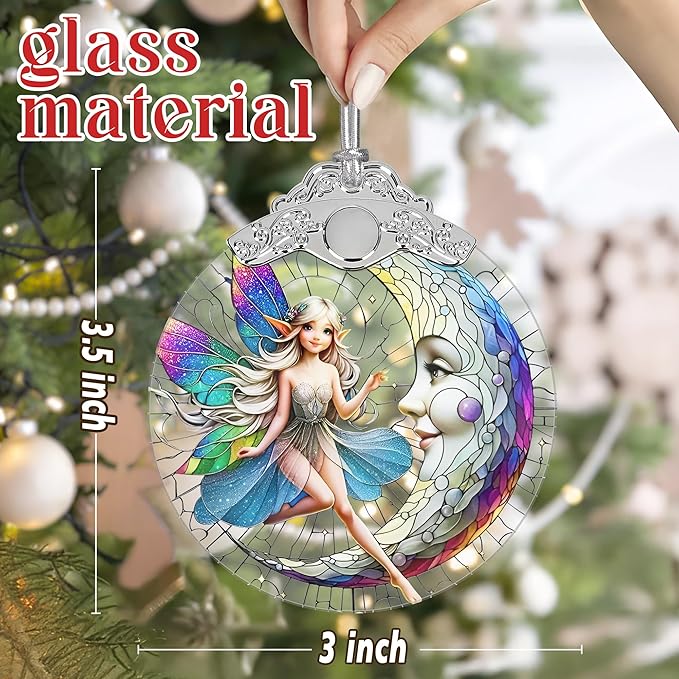 Moon and Fairy Christmas Ornament - Stained Glass Hanging Decor - Tree Decoration - Gifts for Women, Her, Mom