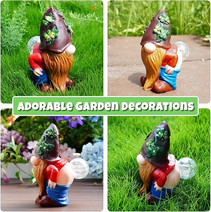 Solar Garden Statues Lights, 8.5" Christmas Outdoor Gnome Figurine with Auto On/Off for Yard Patio Decor, Gifts for Women, Grandma, Mom, Housewarming (Farting Gnome Statue)