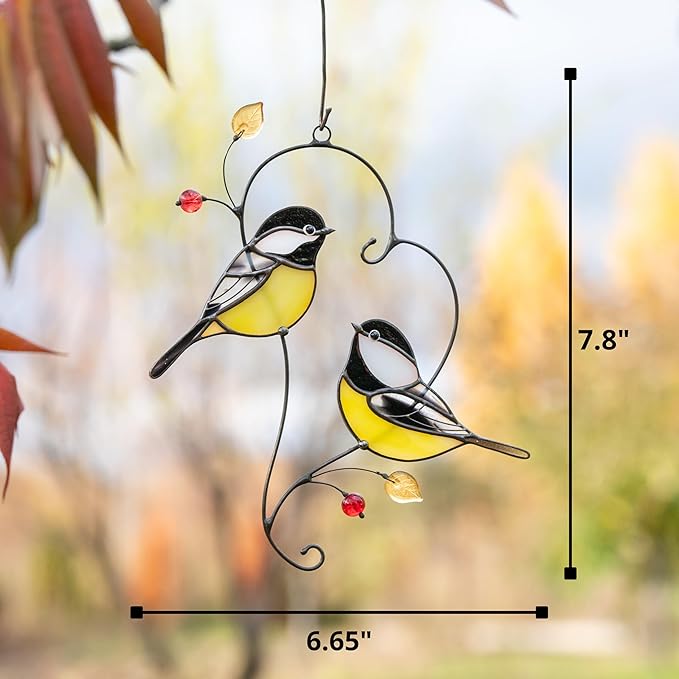 Gift Birds Handmade Chickadee Stained Glass Suncatchers Genuine Stained Glass Window Hanging Unique Indoor Ornament & Outdoor Decor (Pair of Chickadee)