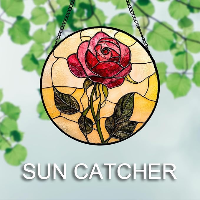 Stained Glass Window Hanging 4 Pcs Set Lily Rose Sunflower Poppy 6.3" - Flower Suncatcher Door Garden Sun Catcher Decor Birthday Mother's Day for Wife Woman Nana Girl
