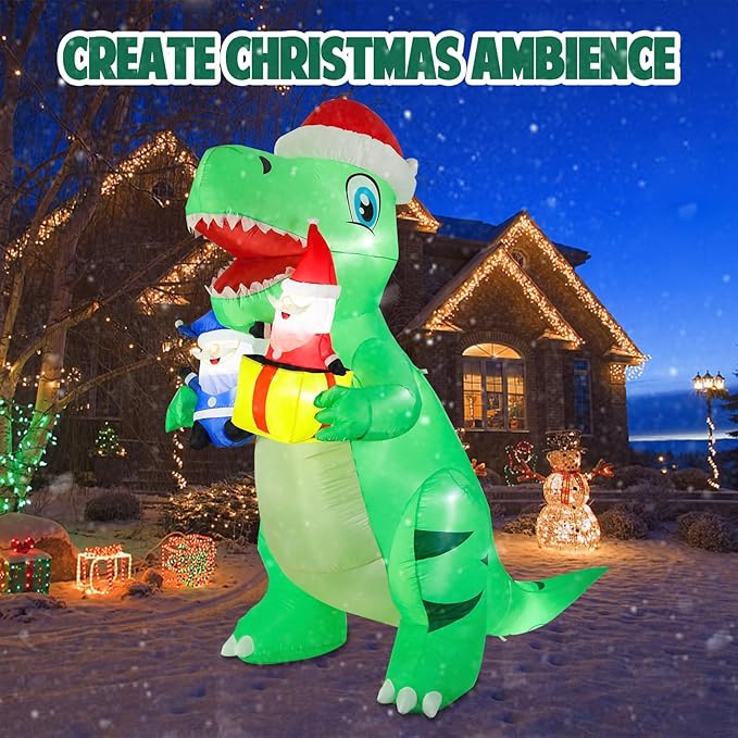 Vipush 8 FT Christmas Inflatable Decorations Dinosaur Christmas Decorations Outdoor Inflatable with LED Light, Outdoor Holiday Decor Blow Up Yard Decor