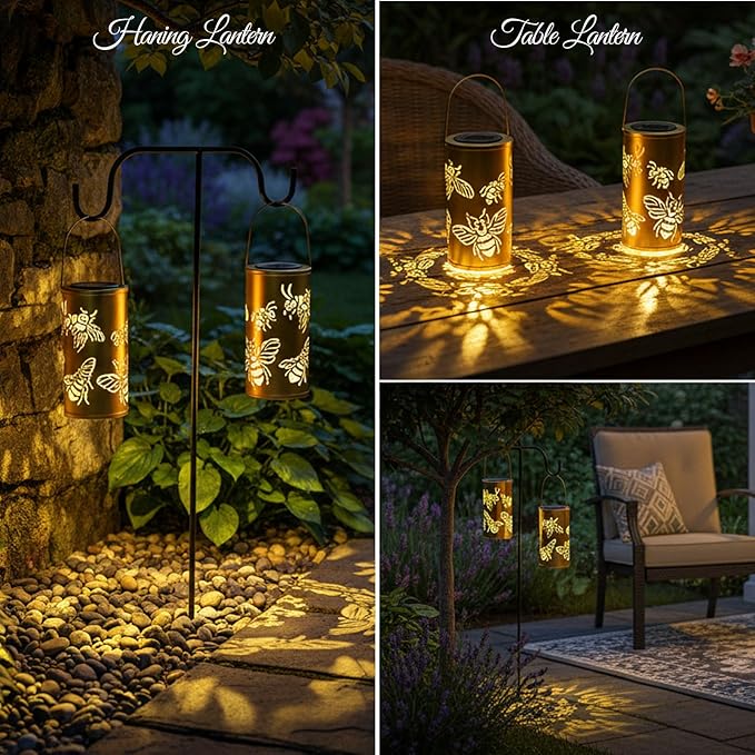 2pack Large Size Solar Laterns Outdoor Waterproof Metal Bee Patterns Garden Decor Gifts for Women Mom Grandma Hanging Solar Lights Decoration Outside for Yard, Patio, Backyard, Porch