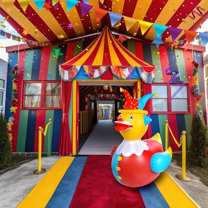 1Pcs 4.6 Feet Giant Inflatable Duck Outdoor Decorations,Huge Blow Up Yard Yellow Duck with Red Blue Clown Cloth Duck Pool Float for Summer Beach Pool Carnival Birthday Party Garden Decor
