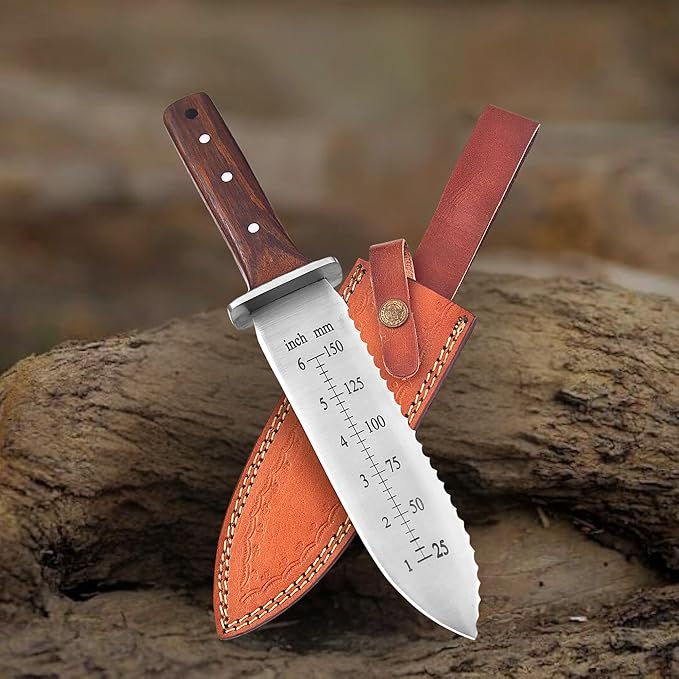 Namibagata Japanese Steel Hori Hori Garden Knife, Insulation Knife Straight Blade Hori Hori Garden Knives use as Digging, Weeding knives, Planting Knives & Sod Cutter | 12" Stainless Steel with Cutting Edge, Full-Tang walnut Wood Handle with Sheath