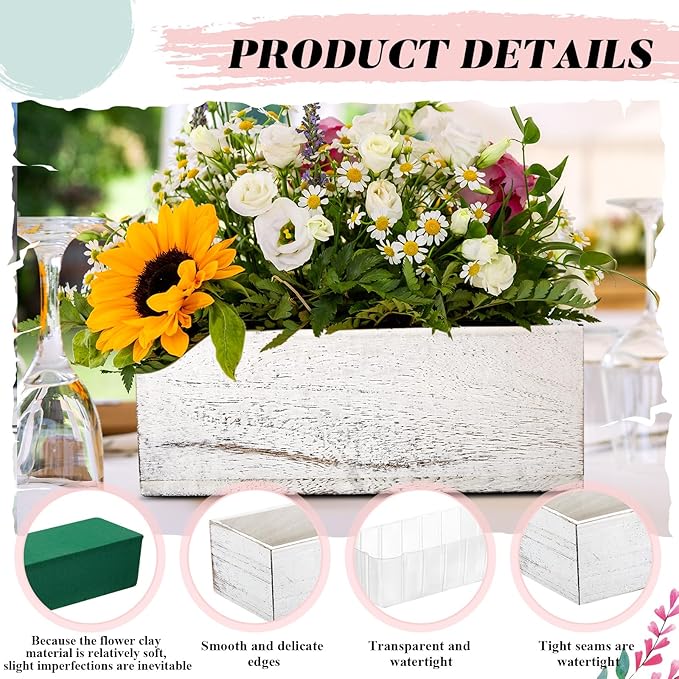 Dandat 4 Set Wood Boxes for Centerpieces 12x4 Inch Rectangle Wooden Planter Box Rustic Wooden Planters with Removable Plastic Liner Floral Foam Blocks for Christmas Wedding Home Garden Decor