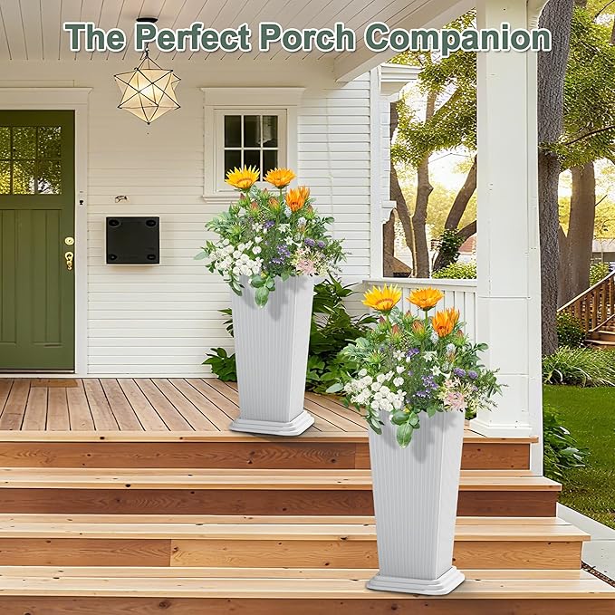 Tall Planters Set of 2, Large Indoor Outdoor Flower Pots with Tray Modern Tapered Planter for Patio, Garden, Porch, Backyard (White Ribbed 24")