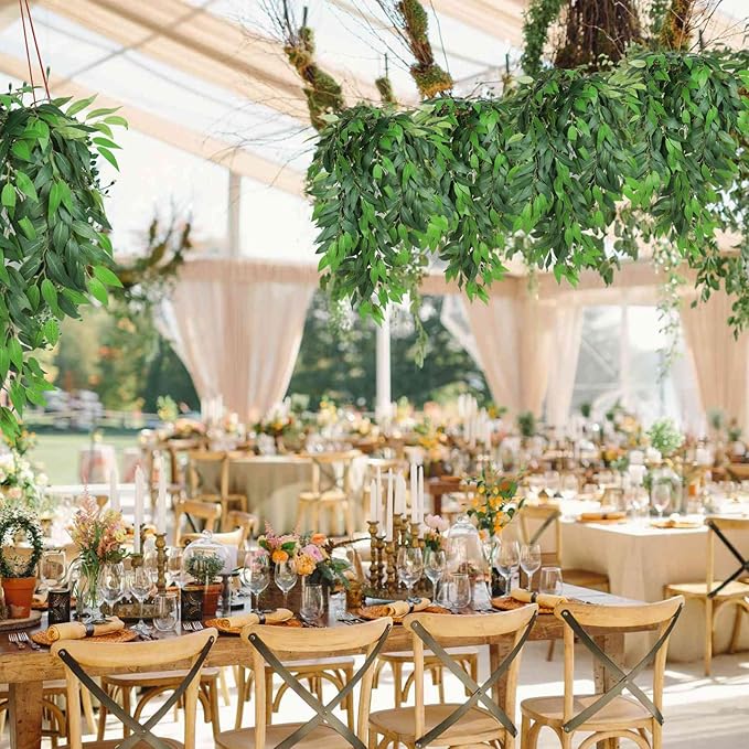 RECUTMS Artificial Hanging Willow Leaves Vine Twigs 2PC, Fake Silk Weeping Willows Leaf Plant Faux Italian Ruscus Greenery Indoor Outdoor Home Garden Wedding Arch Jungle Birthday Party Spring Decor