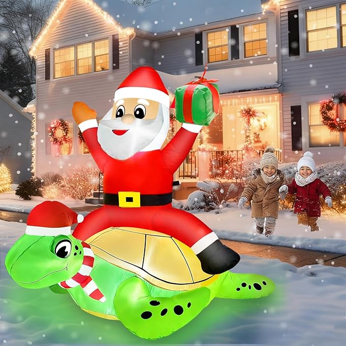 AMENON 5 FT by 4 FT Christmas Inflatables Santa Claus Ride on Sea Turtle Christmas Blow Up Yard Decorations Christmas Decorations Outdoor Built-in LEDs Xmas Decor Party Outside Holiday Lawn Garden