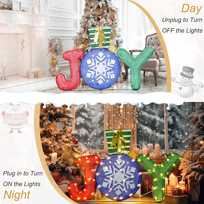 Lighted Christmas Joy Outdoor Decoration 3D Joy with Gift Box Glittered Lighted Up Standing Ornament Outdoor Indoor Christmas Decoration for Home Lawn Yard Garden Display