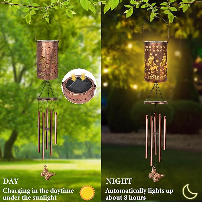 Wind Chimes for Outside Solar Lanterns Wind Chimes Outdoor Gifts for Women Grandma Christmas Decor (Butterfly Flower)