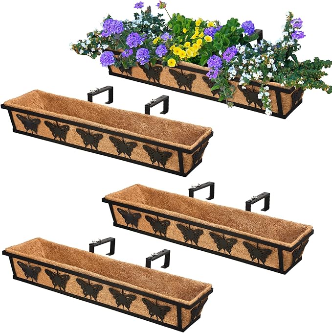 Window Box Railing, 24IN Black Metal Hanging Flower Planter Basket with Coco Liner for Outdoor Balcony Porch Fence Patio for Home, Office and Hotel (Black - 4 Pcs/Set)