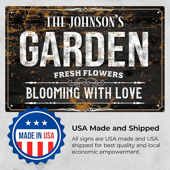 Custom Garden Blooming with Love Sign, Christmas Season, Personalized Name for Backyard/Flower Garden Décor Sign, 12x18 Inches, Rust Free .063 Aluminum, Fade Resistant, Made in USA by Sigo Signs
