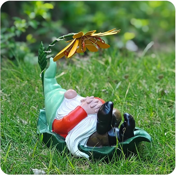 Solar Powered Gnome Garden Statue - Resin Gnome on Green Leaf with Large Yellow Stamen Sunshade, LED Lights Decorations, for Women Men, Outdoor Decor Ornaments for Outside