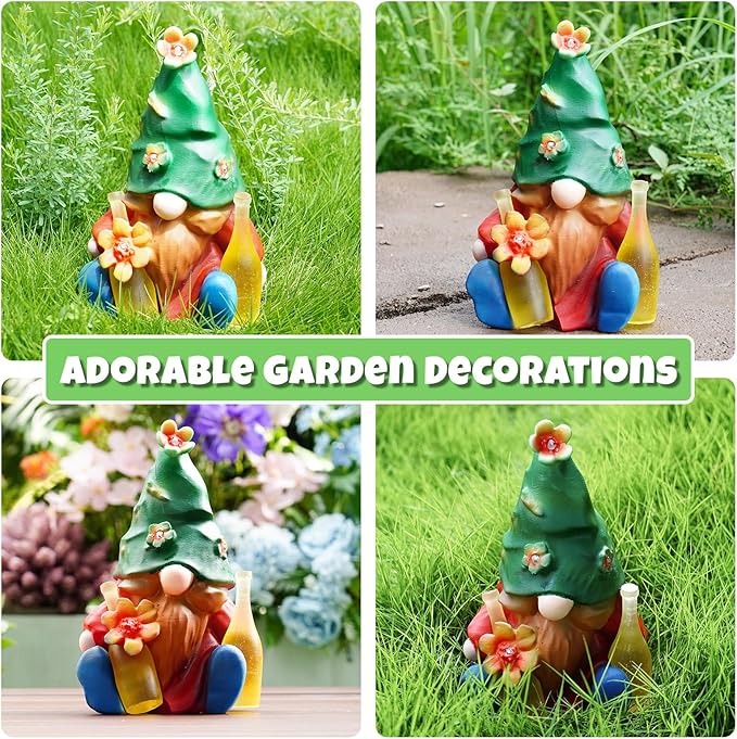 Solar Garden Statues Lights, 8.5" Christmas Outdoor Gnome Figurine with Auto On/Off for Yard Patio Decor, Gifts for Women, Grandma, Mom, Housewarming (Tipsy Bloom Gnome)