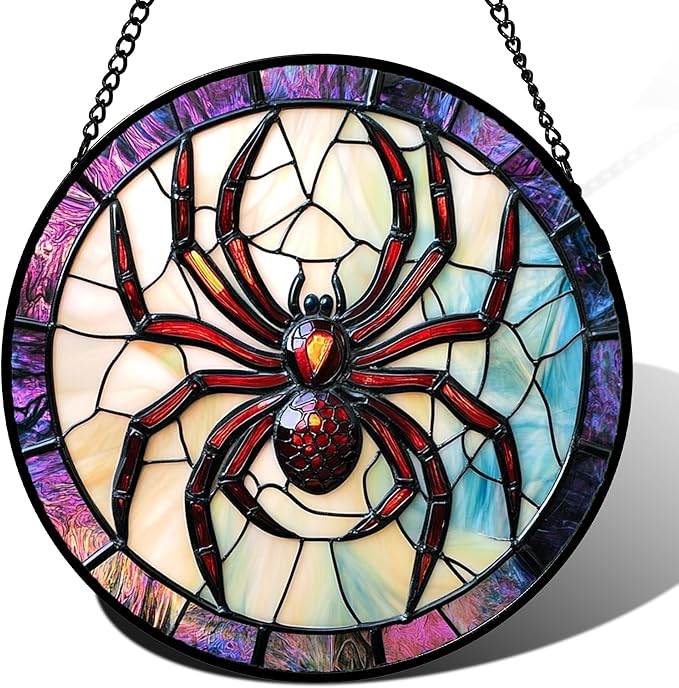Stained Glass Window Hanging - Halloween Decorations Red Spider Goth Suncatcher for Doors Garden Indoor Funny Spooky Sun Catchers Gothic Decor Horror Gifts for Women Men Friend 6.3 in