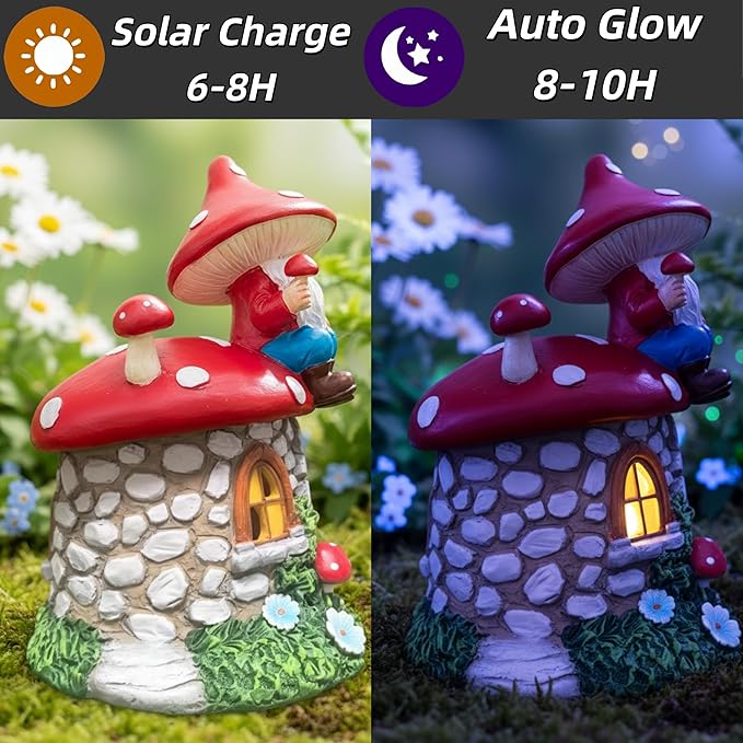 Solar Garden Gnome Decorations Outdoor Statue, 8.3" Fairy Gnomes House Ornaments for Outside, Mushroom Decor for Yard Patio Lawn Proch, Gardening for Women Mom Grandma Kids