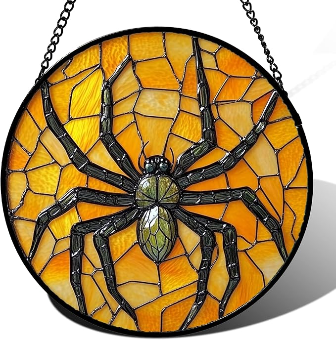 Stained Glass Window Hanging - Halloween Decorations Black Spider Suncatcher for Doors Garden Indoor Spooky Funny Sun Catchers Gothic Decor Horror Gifts for Women Men Friend 6.3 in