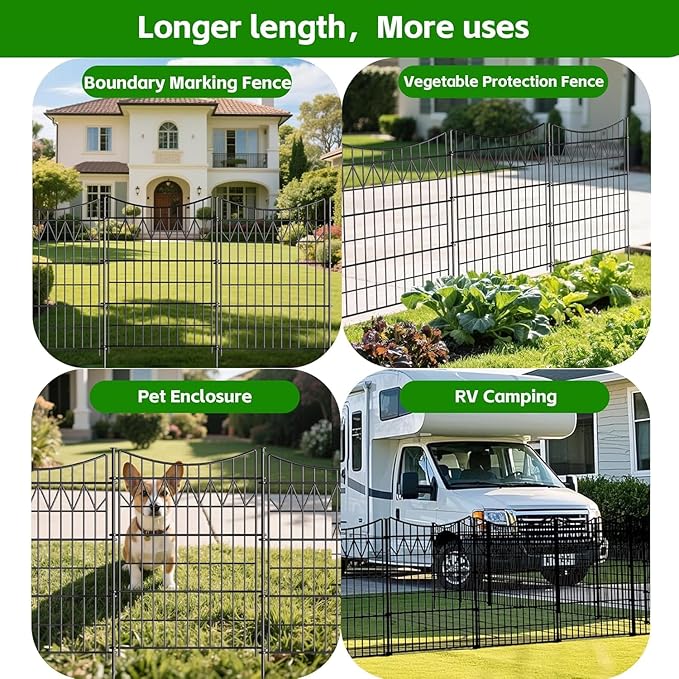 12 Panels No Dig Fence with gate, 40in(H)×27ft(L) Tall Decorative Fence Outdoor | Rustproof Metal Garden Fence Borders | Heavy Duty Reusable Defense Fence Panels for Yard, Patio, Black