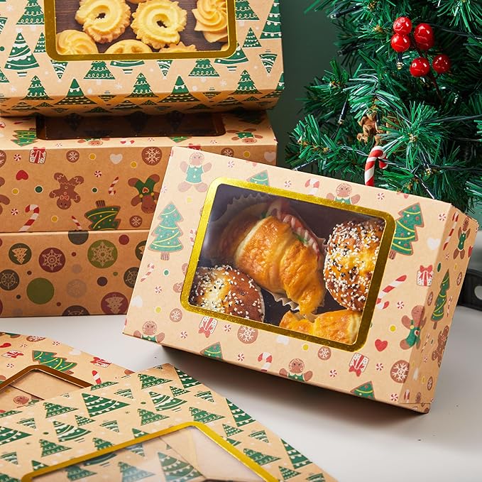JOYIN 24 PCS Foiled Christmas Cookie Boxes for Gift Giving, 8.75" x 5.75" x 2.75” Bakery Boxes with Window, 3 Design Brown Kraft Cardboard Treat Box for Xmas Holiday Pastries Cupcakes Doughnut Wrap