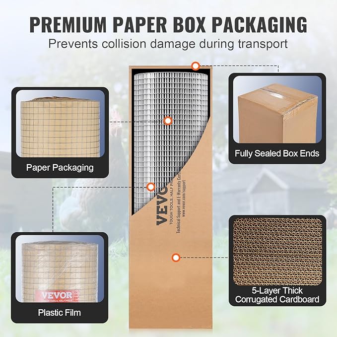 VEVOR Hardware Cloth, 1/2 inch 24in x 50 ft 19 Gauge, Hot Dipped Galvanized Wire Mesh Roll, Chicken Wire Fencing, Wire Mesh for Rabbit Cages, Garden, Small Rodents