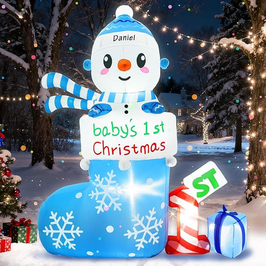 Christmas Inflatable Outdoor Decorations, 6 FT Inflatables Babys First Christmas Stocking Snowman Yard Decor, Built-in LED Lights Blow up 1st Xmas DIY Name Ornament for Indoor Outside Lawn Garden(Boy)