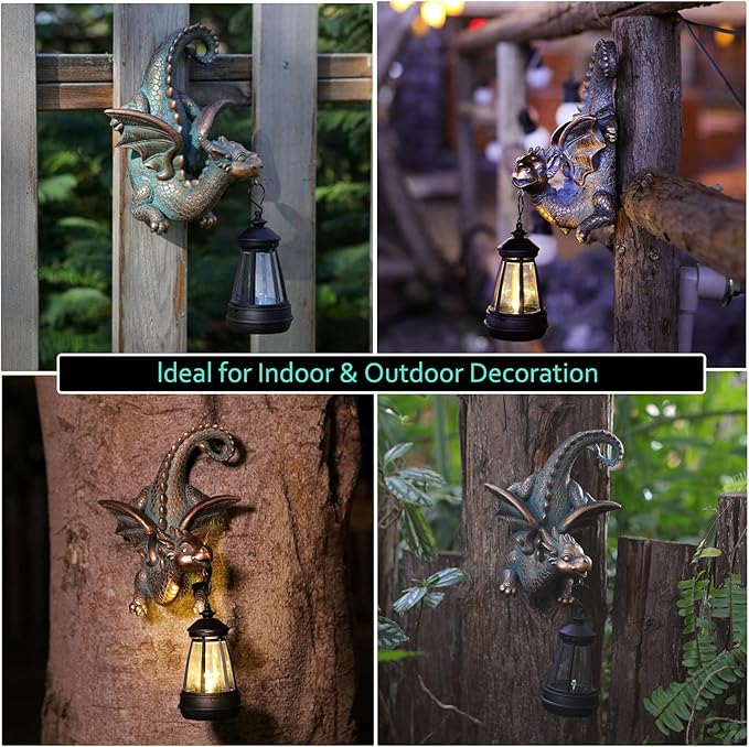 Garden Dragon Statue with Solar Light Outdoor Garden Decor for Outside Porch Patio Wall Tree Fence, Whimsical Yard Art Tree Hugger Decorations Figurine, Housewarming Gifts for Women Men Dragon Lovers