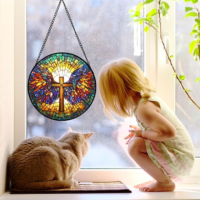 Stained Glass Window Hanging - Jesus Cross Wings Suncatcher Ready to Hang Window Doors Home Decoration and Christmas, Mother's Day Birthday Gifts for Women, Men, and Mom 9.8x9.8 in