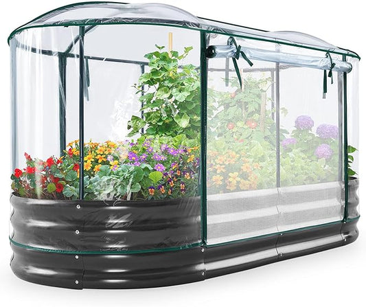 KING BIRD Raised Garden Bed with Cover Galvanized Oval Planter Garden Box Outdoor for Gardening, Vegetables, Flowers 6X3X1 FT, Clear
