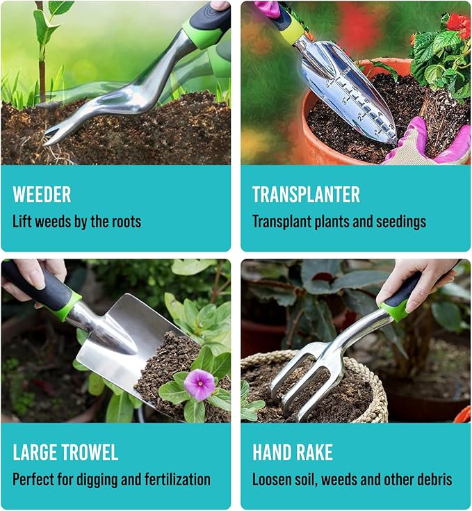 Heavy Duty Garden Tools 22 Pieces Floral Set - Rust Proof, Non-Slip, Durable Gardening Supplies - Ergonomic Hand Tools - Ideal Gardening Gifts for Women, Men Mom, Dad