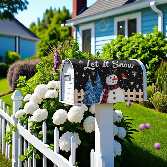 Christmas Snowman Large Mailbox Covers Magnetic Oversized Black Blue Xmas Tree Snowflake Cardinal Holiday Outdoor Decorative Letter Box Cases for Home Garden Outside Decor, 25.5x21 Inch
