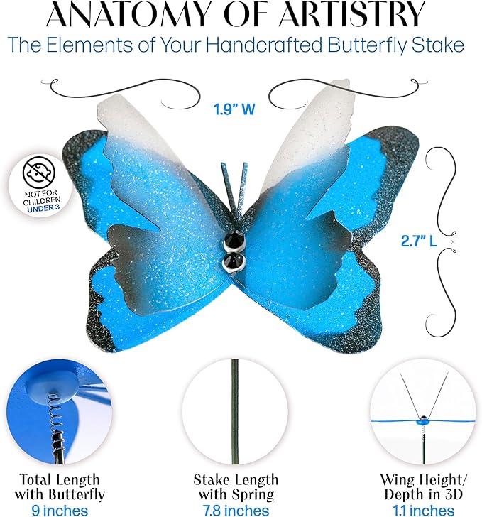 Handmade Sky Blue Butterfly Garden Stakes Set of 7 - Decorative Outdoor & Indoor Plant Decor - Nature Lover Gift Idea by Air Aquarium Kushner