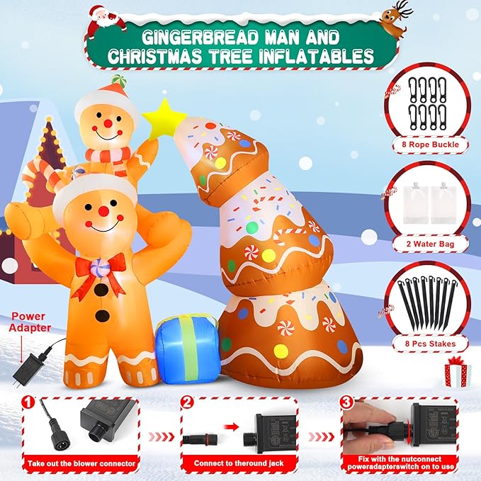 7.2 FT Christmas Inflatables Yard Decorations Outdoor Gingerbread Man and Christmas Tree Inflatables Decorations Built-in LED Lights, Christmas Blow Up for Outdoor, Yard, Roof, Lawn