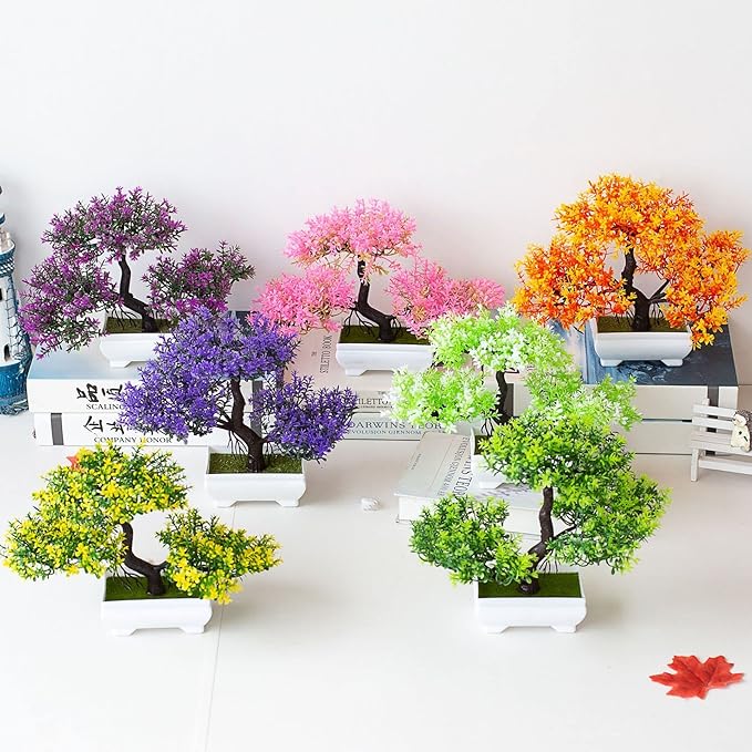 Mini Artificial Bonsai Tree Plants Artificial Plant Welcome Pine Treewith Plastic Cement Pots for Home Office Décor (Magenta)