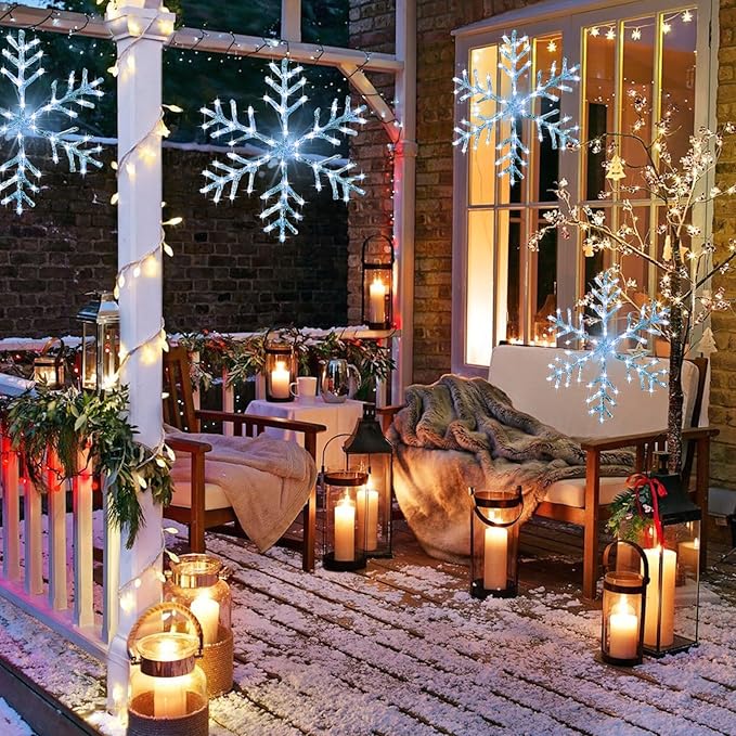 Christmas Window Snowflake Lights Decorations, Battery Operated Led Hanging Iron Lights, 8 Lighting Modes for Home Bedroom Indoor Outdoor Wall Holiday Decor (Cool White, 2 Pack)