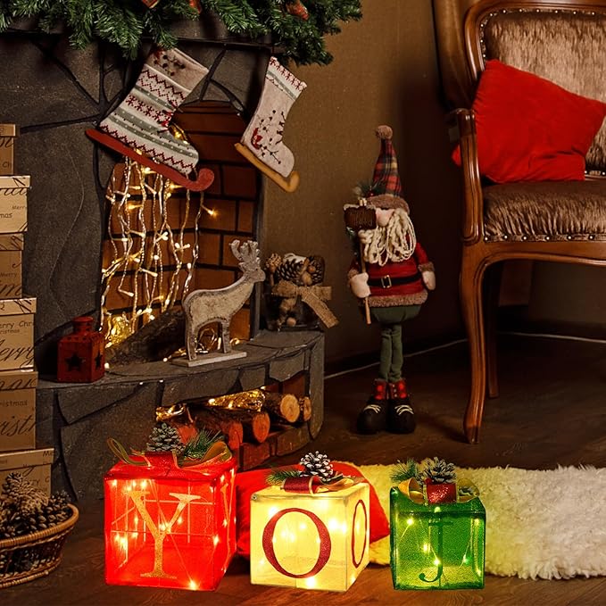 Christmas Joy Lighted Gift Boxes Decorations Set of 3, 2.6Ft Stackable Christmas Nesting Boxes Battery Operated for Home and Party Decoration