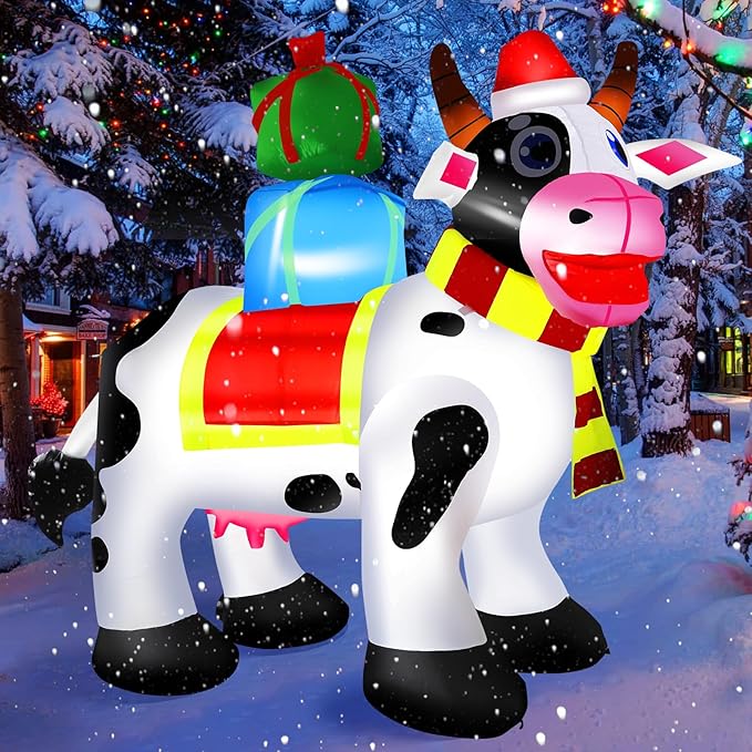 6 FT Outdoor Milk Cow Christmas Inflatables Decorations with Built-in LED Lights, Blow Up for Yard, Roof, Lawn