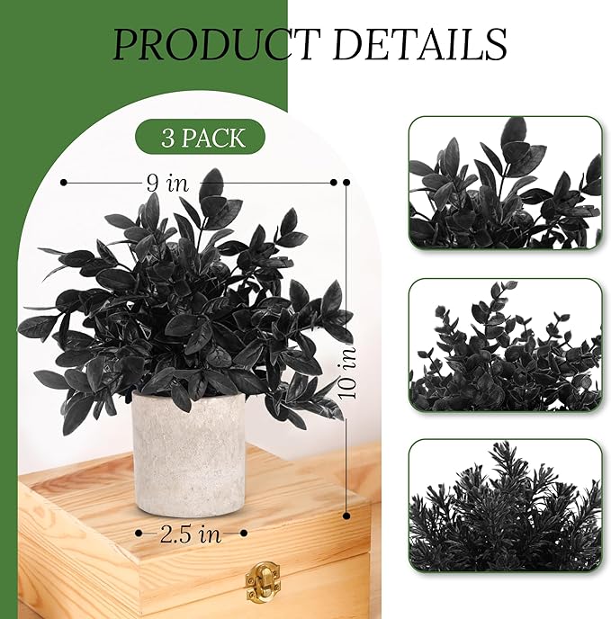 Der Rose 3 Pack Black Mini Potted Fake Plants Decor Artificial Eucalyptus Plants Topiaries for Halloween Black Bathroom Accessories Home Office Desk Farmhouse Room Table Decor
