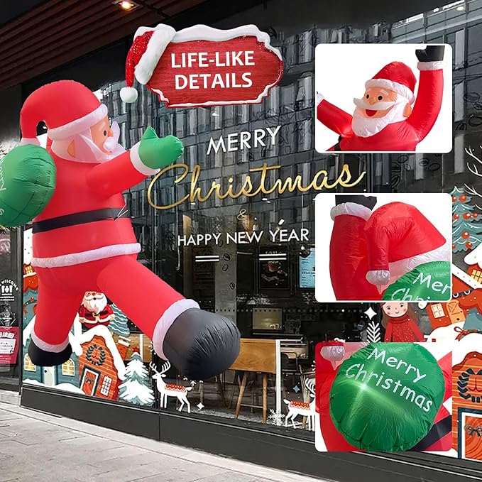 6.6FT Christmas Inflatable Climbing Santa, Hanging Inflatable Christmas Yard Decorations with Build-in LEDs, Climbing Santa Claus with Gift Bag for Window Wall Outdoor Xmas New Year
