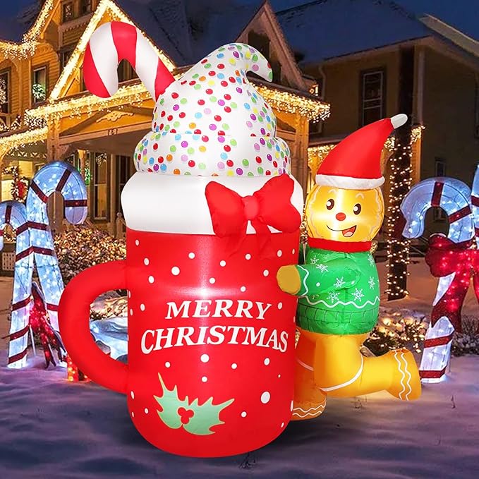 5FT Inflatable Gingerbread Men Christmas Decoration Blow Up Elf with Ice Cream Merry Christmas Printed Decor for Holiday, Party, Winter Festive Ornaments Indoors Outdoors Lawn, Yard, Garden