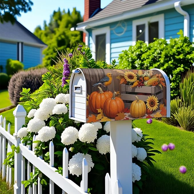 Fall Thanksgiving Mailbox Covers Magnetic Standard Size Autumn Pumpkin Birds Sunflower Harvest Themed Seasonal Outdoor Decorative Letter Box Cases for Home Garden Outside Decor, 21x18 Inch