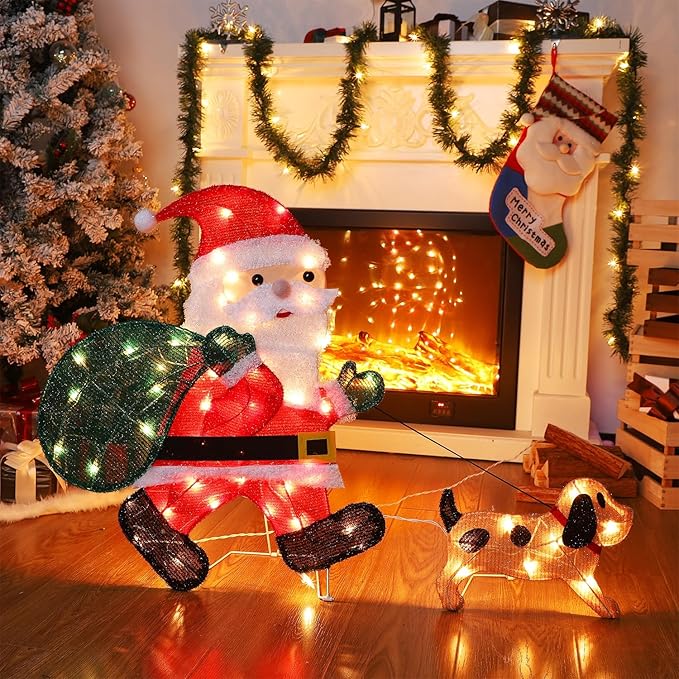WATERGLIDE Lighted Christmas Santa Claus with Puppy, 26.5 Inch Pre-Lit 2D Tinsel Santa Walking Dog Xmas Outdoor Yard Decor with Lights, Light Up & Plug in for Festive Xmas Holiday Garden Lawn Display