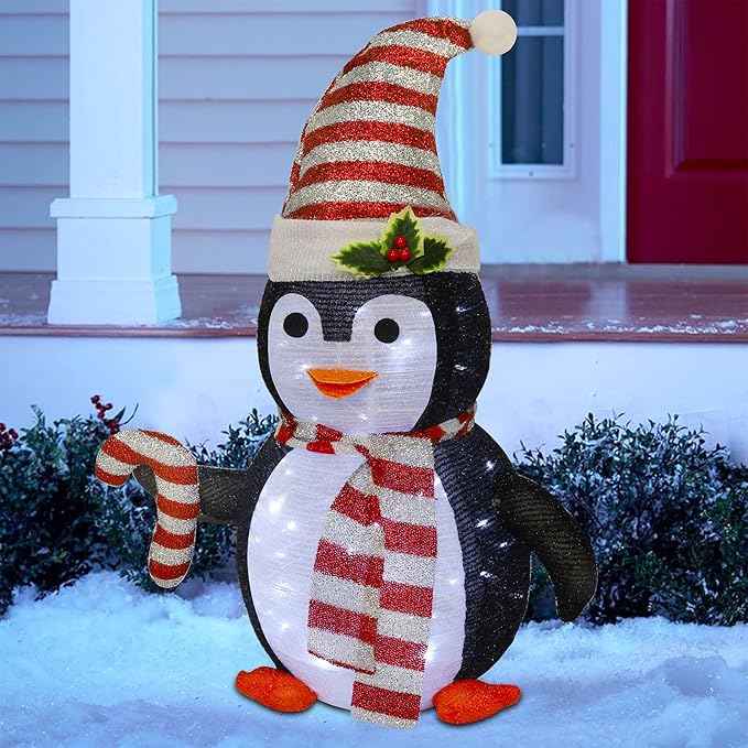 Juegoal Lighted Christmas Penguin Decorations, 2.5FT / 30Inch Outdoor Collapsible Black Penguin with Built-in Lights, Pre-Lit Pop Up Xmas Red Hat Penguin, Light Up for Holiday New Year Winter Decor
