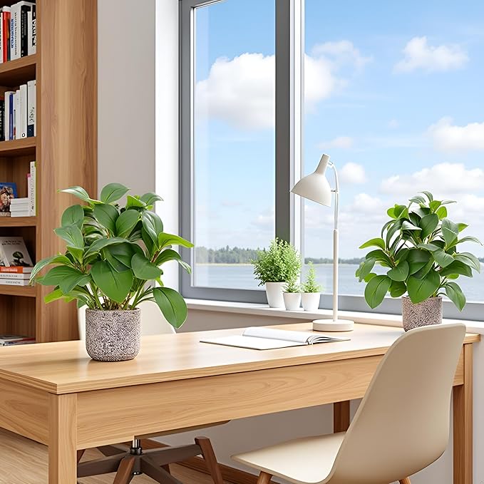 Indoor Faux Ficus Plant 13.5 inch Artificial Greenery in Rustic Cement Planter Realistic Dark Green Leaves with Textured Pot Maintenance-Free Small Fake Plant for Home Office Decor