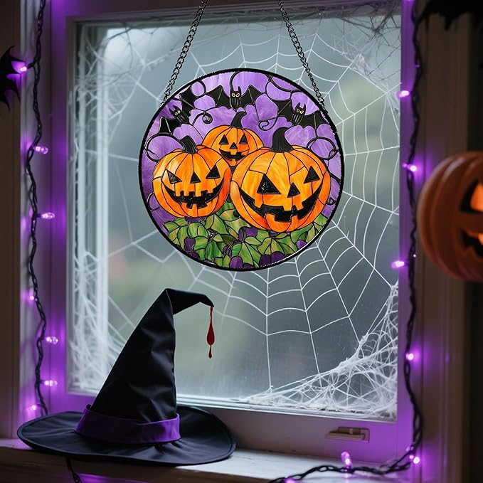 Stained Glass Window Hanging Halloween Scary 3 Bat and Pumpkin Monsters 9.8" - Suncatcher Door Garden Sun Catcher Gothic Home Decor Birthday Horror Gifts for Mom Men Woman Friend
