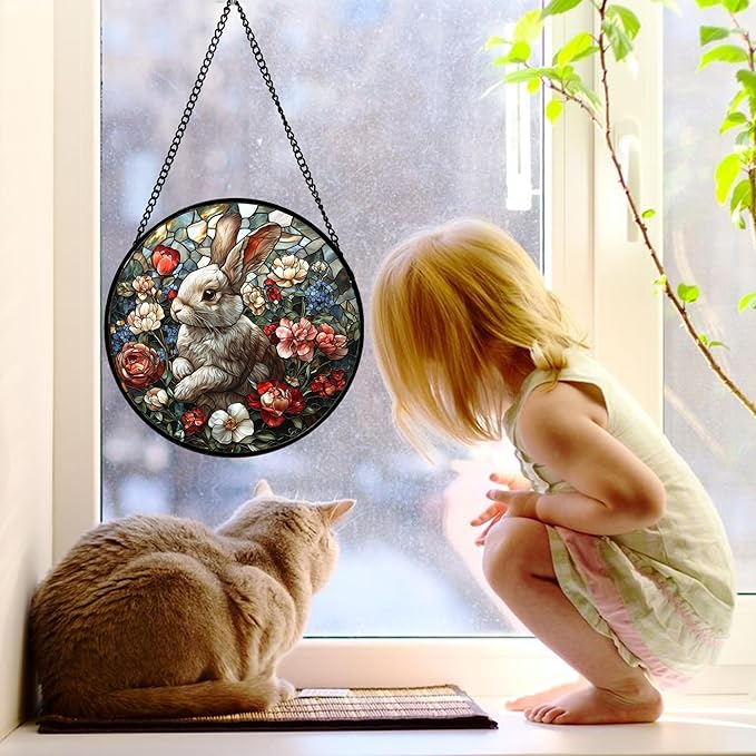 Stained Glass Window Hanging - Cute Rabbit Flowers Suncatcher Ready to Hang Window Doors Home Decoration, Christmas, Mother's Day Birthday Gifts for Women, Men, and Mom 7.8x7.8 in