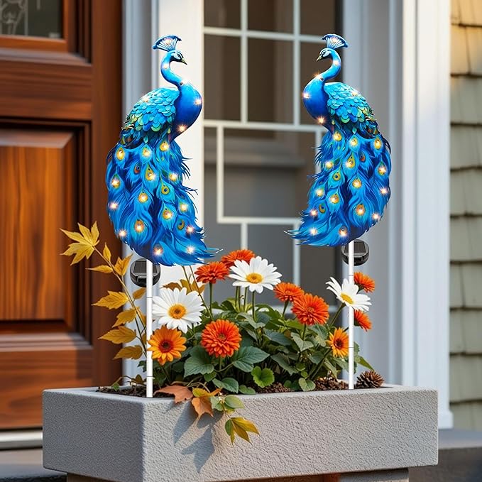 Hexagram Peacock Garden Decor, Peacock Solar Garden Stakes Set of 2, Metal Blue Waterproof Solar Decorative Lights Decorations for Outdoor Outside Yard Lawn Porch Patio Pathway 11.8x6 Inch