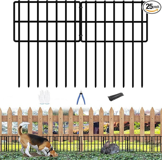 25 Pack Garden Animal Barrier - 1.65inch Spike Spacing, Reusable Rustproof Metal Fence Border for Dogs & Rabbits - Total 27ft(L) x 17inch(H)