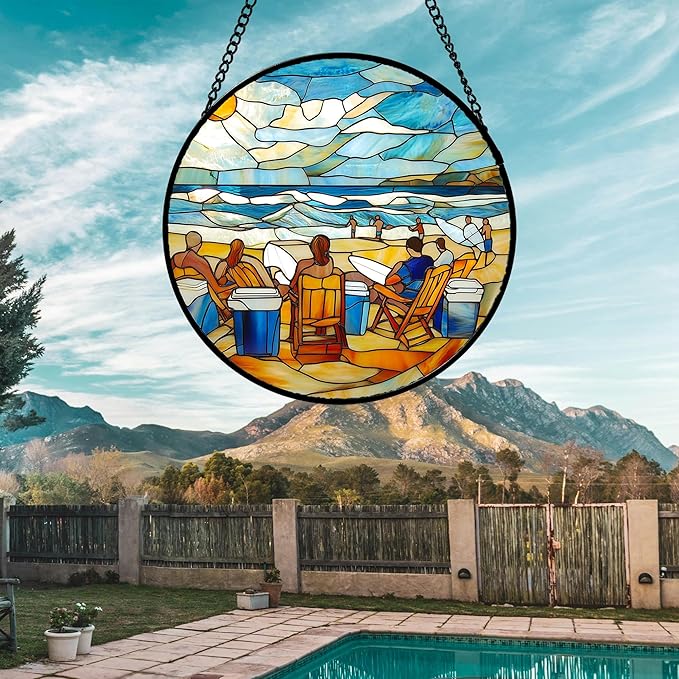 Stained Glass Window Hanging 4 Pcs Set Blue Ocean Surfing Beach 6.3" - Suncatcher Door Garden Sun Catcher Decor Birthday Mother's Day for Firefighte Men Woman Nana Mom